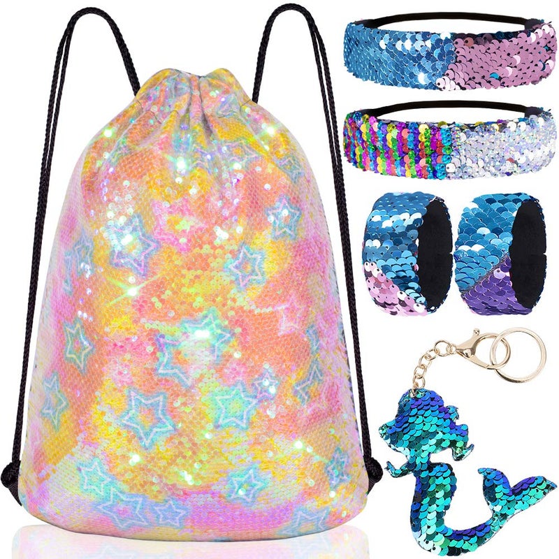 GA&EN Mermaid Reversible Sequin Drawstring Backpack/Bag Clear Iridescent Sequin+ Star Shape Spotted Fabric for Kids Girls One_Size - Image 1